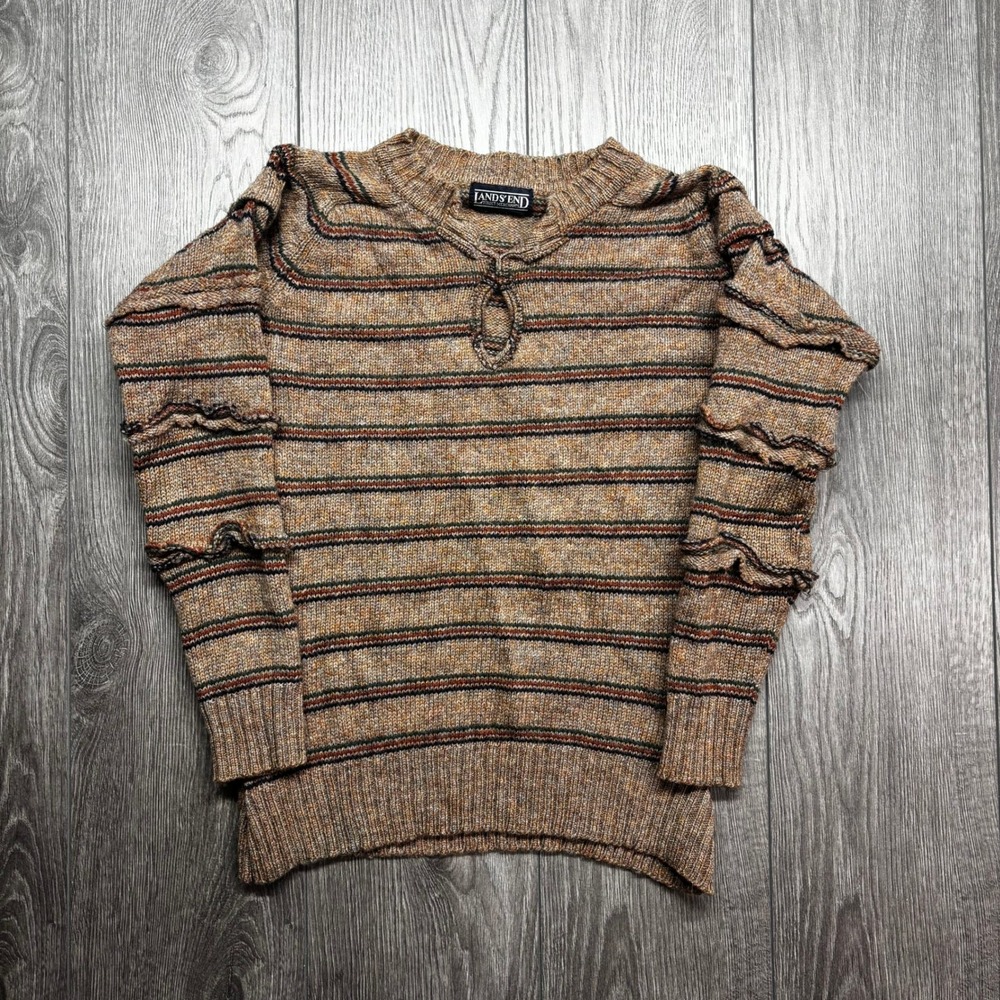 Lands' End Wool Vintage Striped Ruffle Sleeve Keyhole Knit Sweater Brown Multi